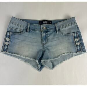 Hollister Size 5 Low-Rise denim micro mini shorts frayed hem embroidered Y2K